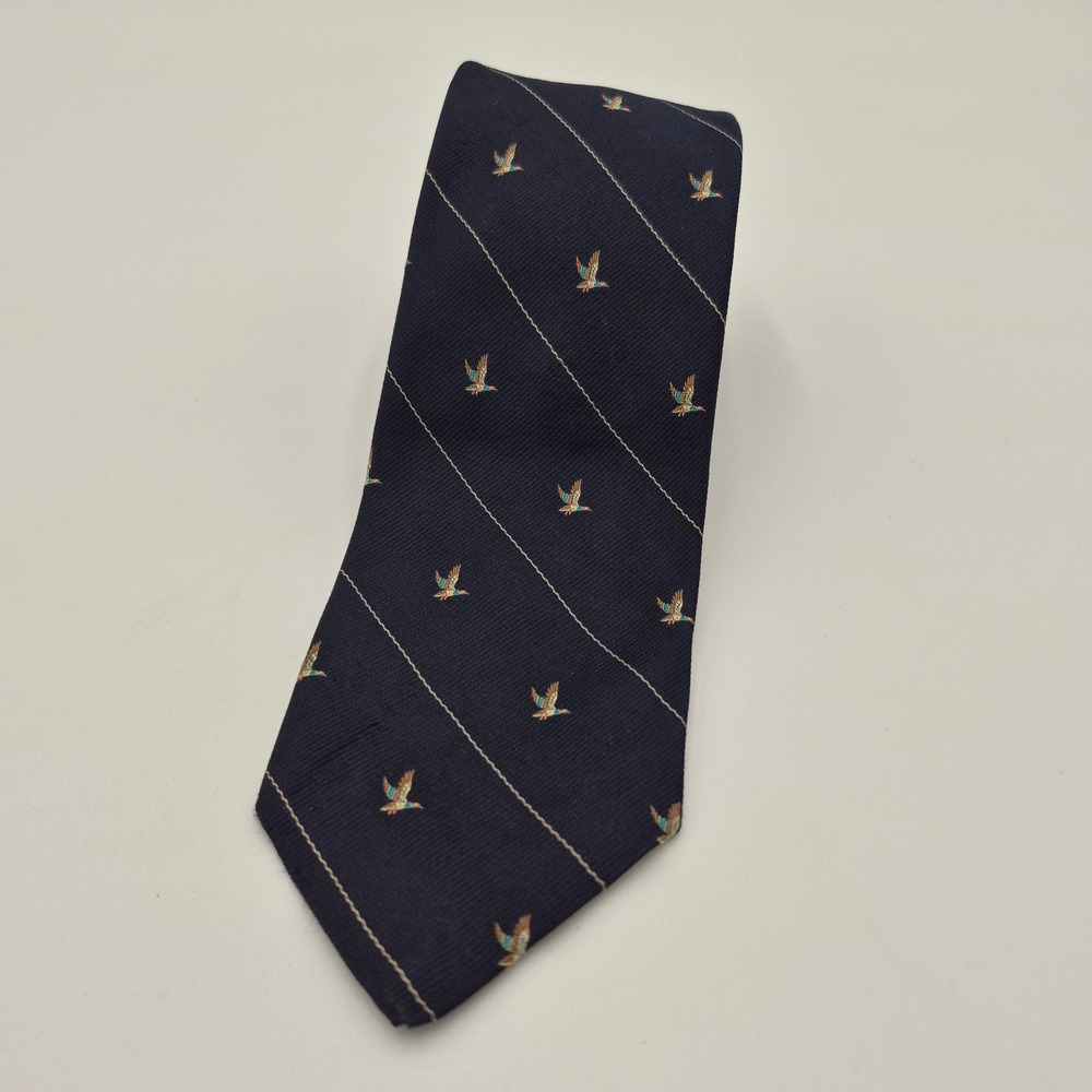 Roots Robert Talbott Mens Navy Blue Mallard Duck Pinstripe Silk Tie England